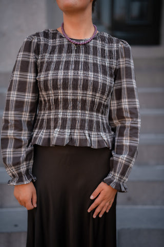 Sisterspoint brown check smocked top