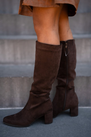 suede brown high heels