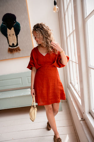 leen dress linnen rust